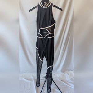 Black Sleeveless Mesh-Panel Jumpsuit with White Trim